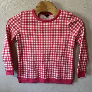 Talbots Sweatshirt Size Medium Petite MP‎ Pink White Gingham Crewneck Pullover